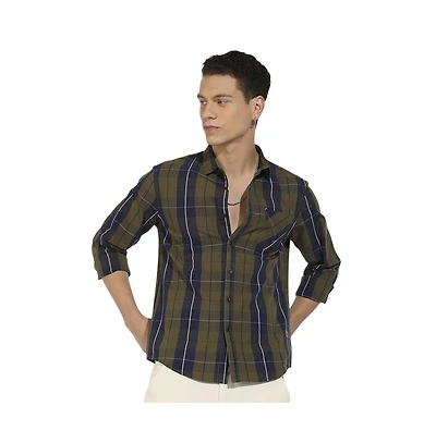 Campus Sutra Men's Olive Green Tartan Plaid Shirt