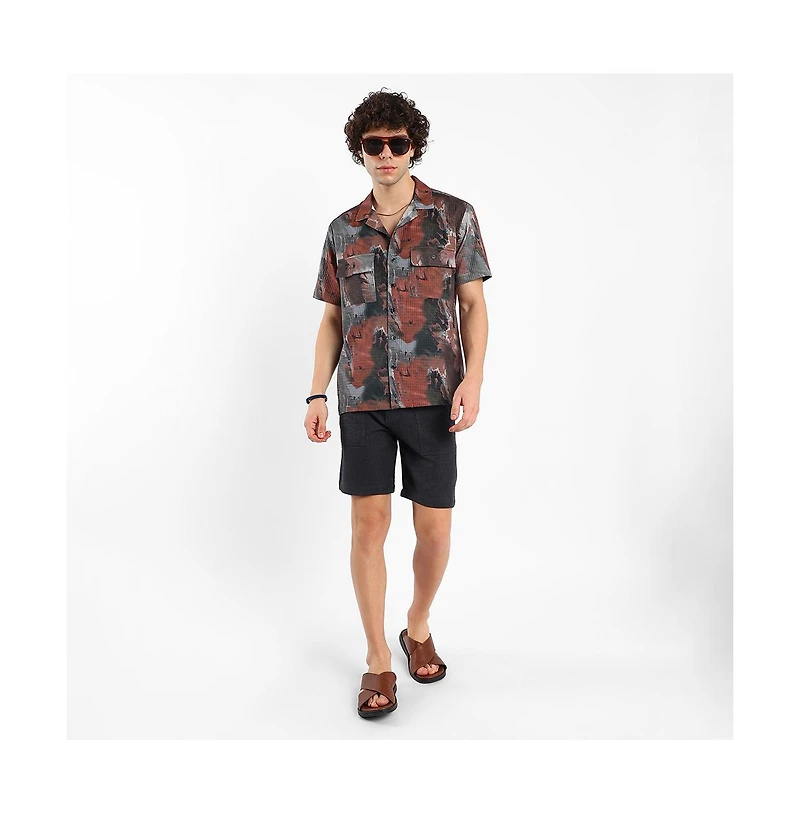 Campus Sutra Men's Chocolate Brown & Midnight Black Abstract Utility Oversized Shirt
