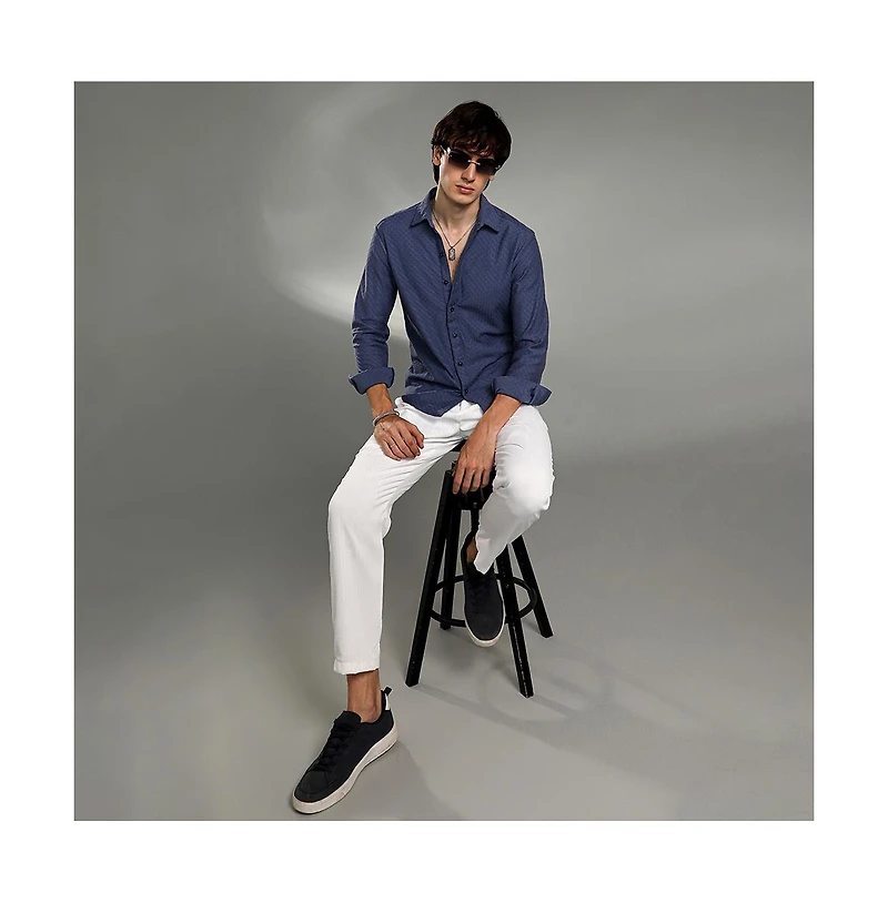 Campus Sutra Men's Aegean Blue Geometric-Weave Textured Shirt