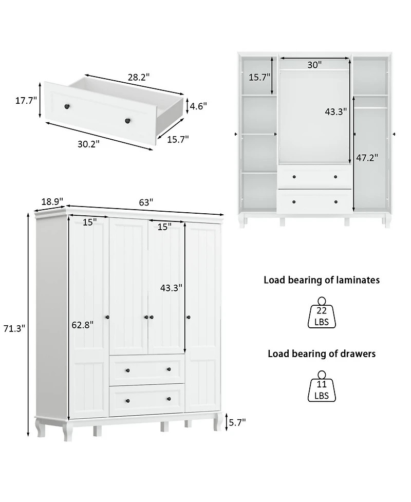 Homsee Modern Nordic style minimalist 4-door 2-drawer armoire, white wardrobe, bedroom closet
