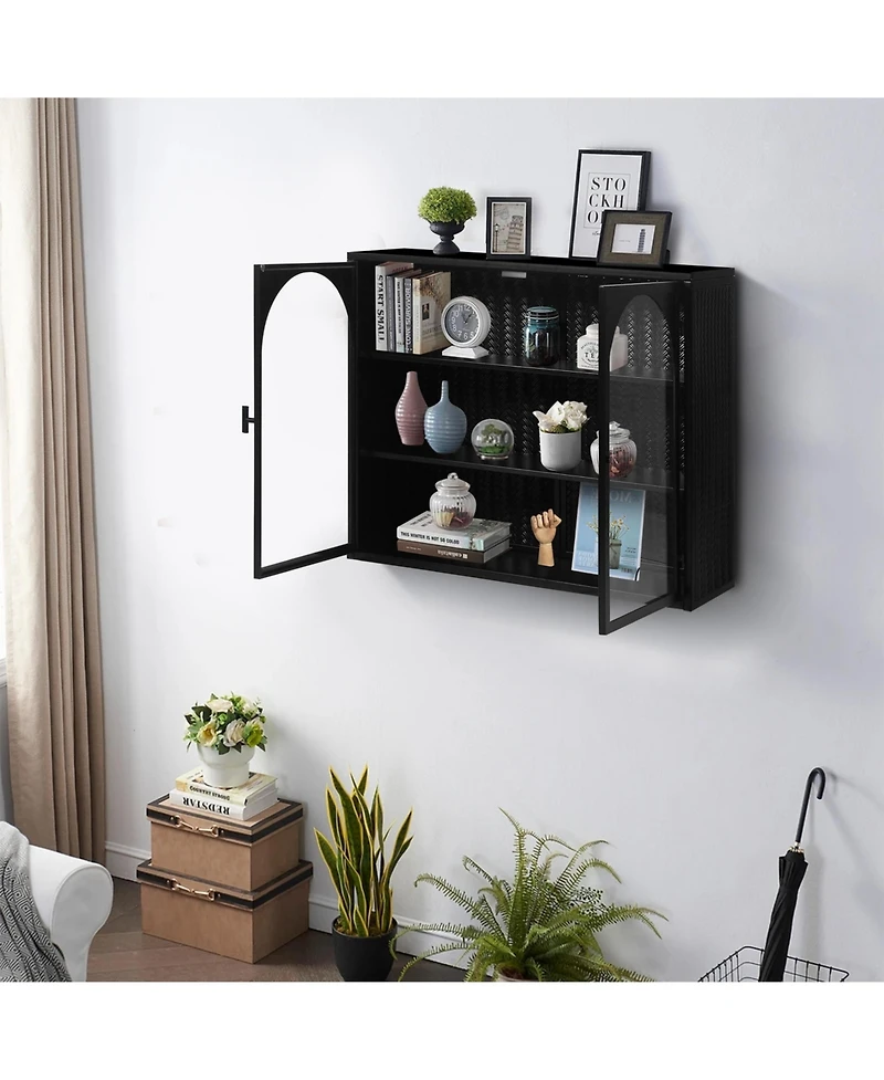 Casainc 27.56" Two-Door Wall Cabinet With Glass Front and Three-Tier Storage Woven DetailBrand