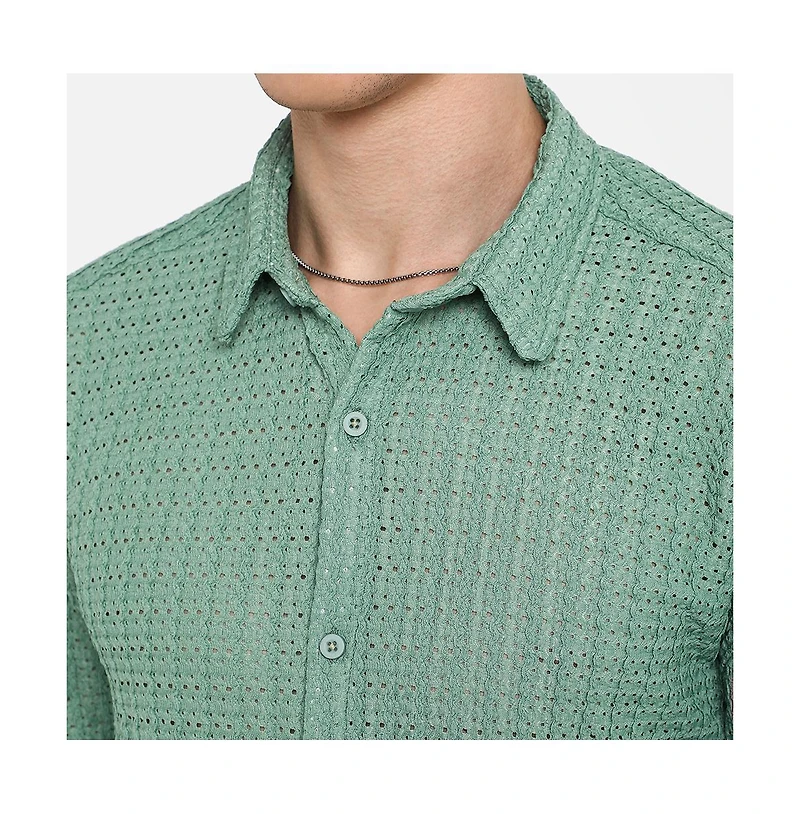 Campus Sutra Men's Sea Green Hollow Knit Oversized Shirt
