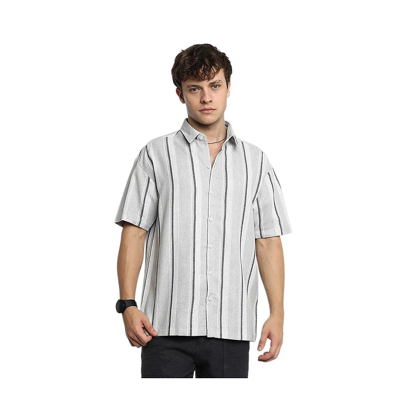 Campus Sutra Men's Ash Grey Unbalanced Striped Shirt