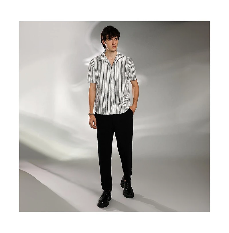 Campus Sutra Men's Off-White & Midnight Black Striped-Weave Oversized Shirt
