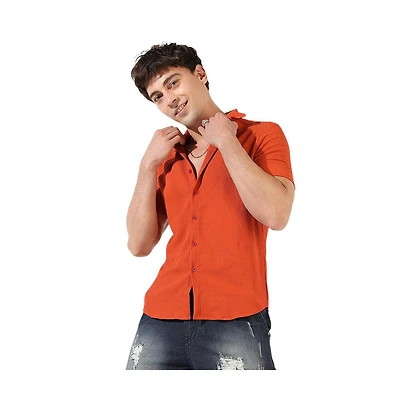 Campus Sutra Men's Burnt Orange Textured Regular Fit Casual Shirt
