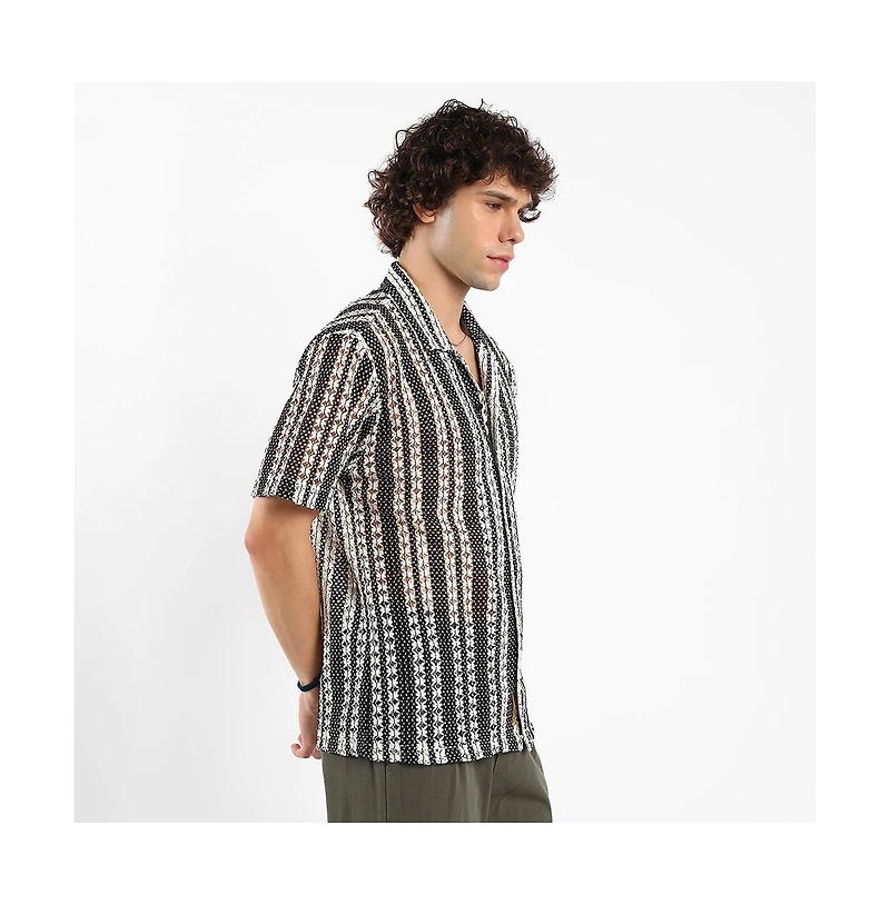 Campus Sutra Men's Cream White & Midnight Black Multitrack Knit Oversized Shirt