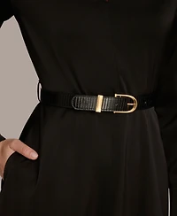 Donna Karan New York Women's Satin V-Neck Belted A-Line Midi Dress