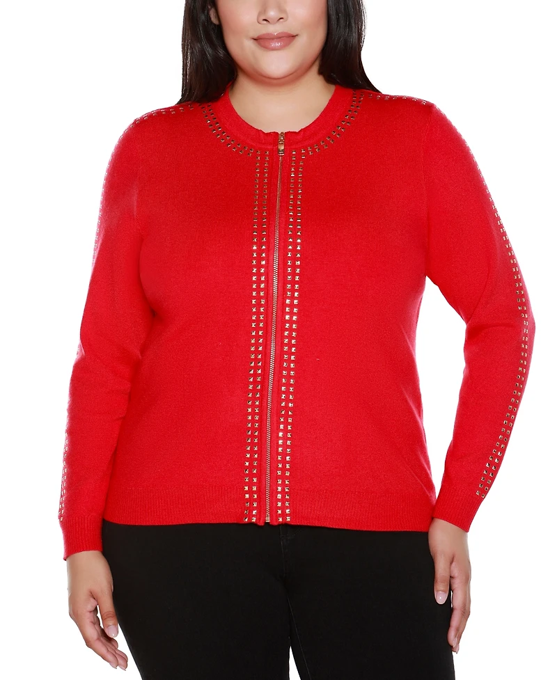 Belldini Plus Crewneck Embellished Zip Cardigan Sweater