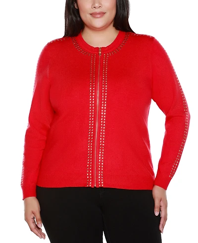 Belldini Plus Crewneck Embellished Zip Cardigan Sweater