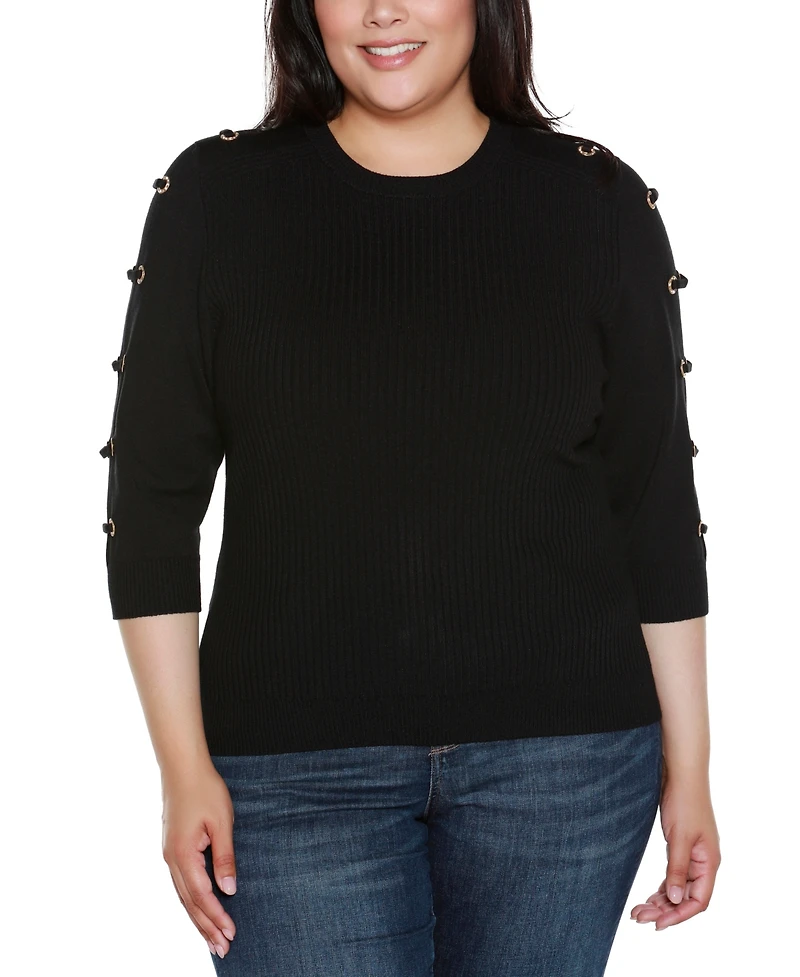 Belldini Plus Grommet-Trim Ribbed Sweater