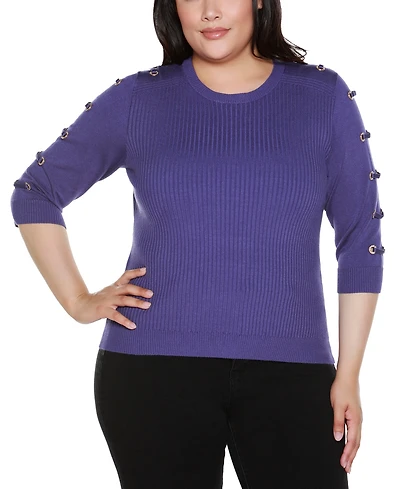 Belldini Plus Grommet-Trim Ribbed Sweater