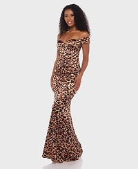 Alex & Sophia Juniors Animal Print Off-The-Shoulder Long Dress