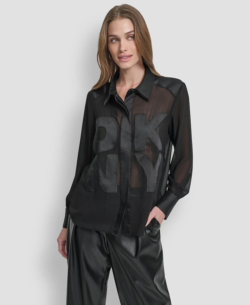 Dkny Women's Long Sleeve Chiffon Logo Button Front Top