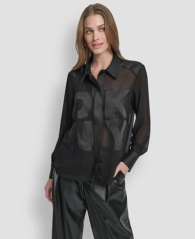 Dkny Women's Long Sleeve Chiffon Logo Button Front Top