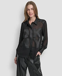 Dkny Women's Long Sleeve Chiffon Logo Button Front Top