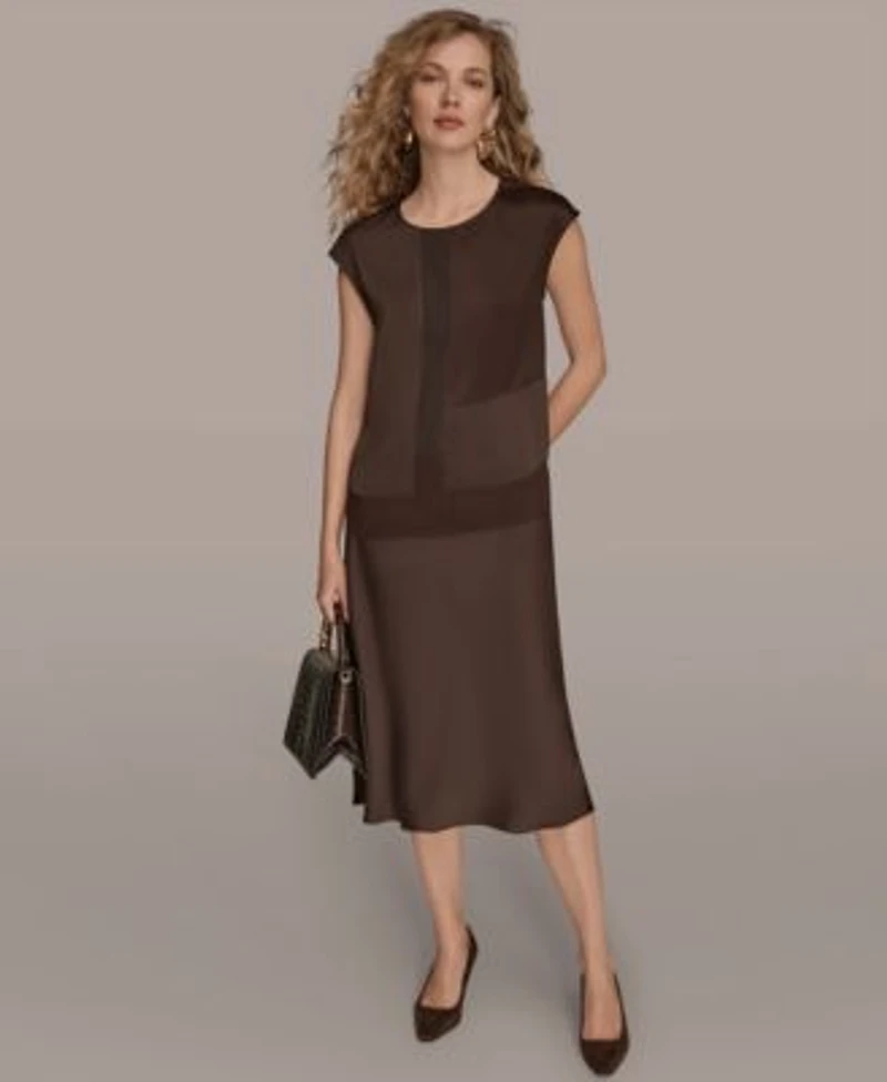 Donna Karan New York Womens Mixed Media Cap Sleeve Blouse Satin A Line Midi Skirt