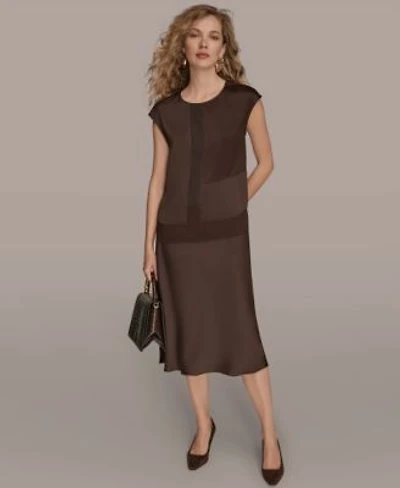 Donna Karan New York Womens Mixed Media Cap Sleeve Blouse Satin A Line Midi Skirt