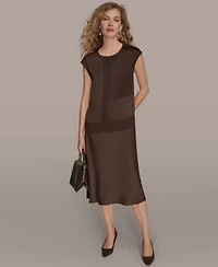 Donna Karan New York Womens Mixed Media Cap Sleeve Blouse Satin A Line Midi Skirt