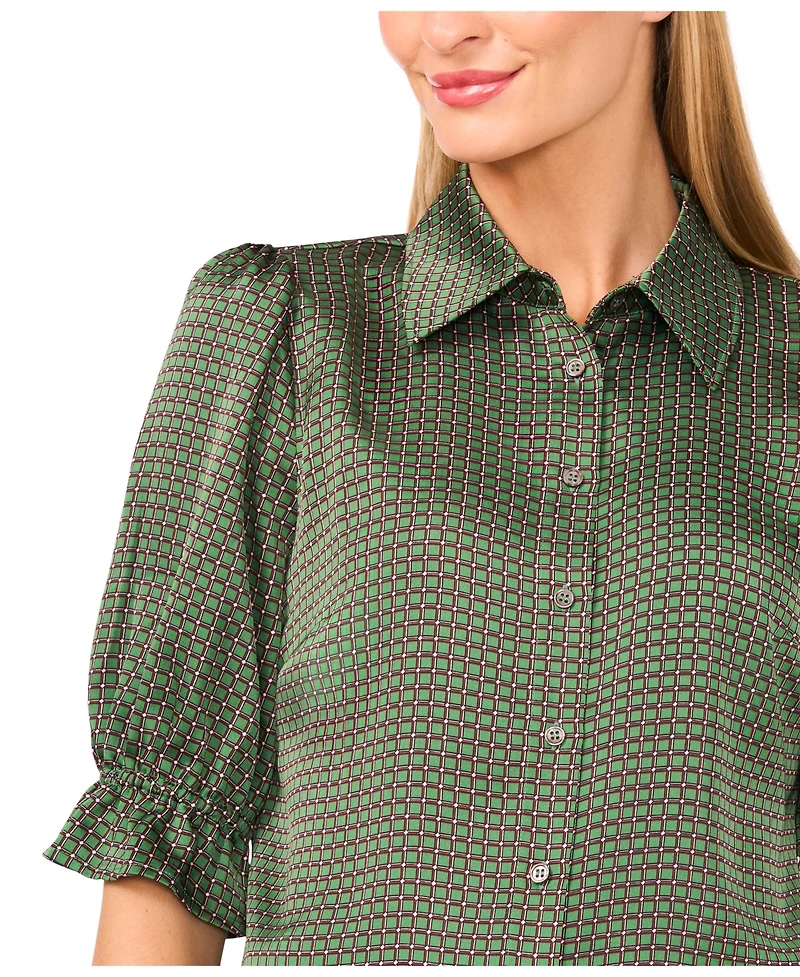 CeCe Women's Balloon Short Sleeves Button Down Shirt