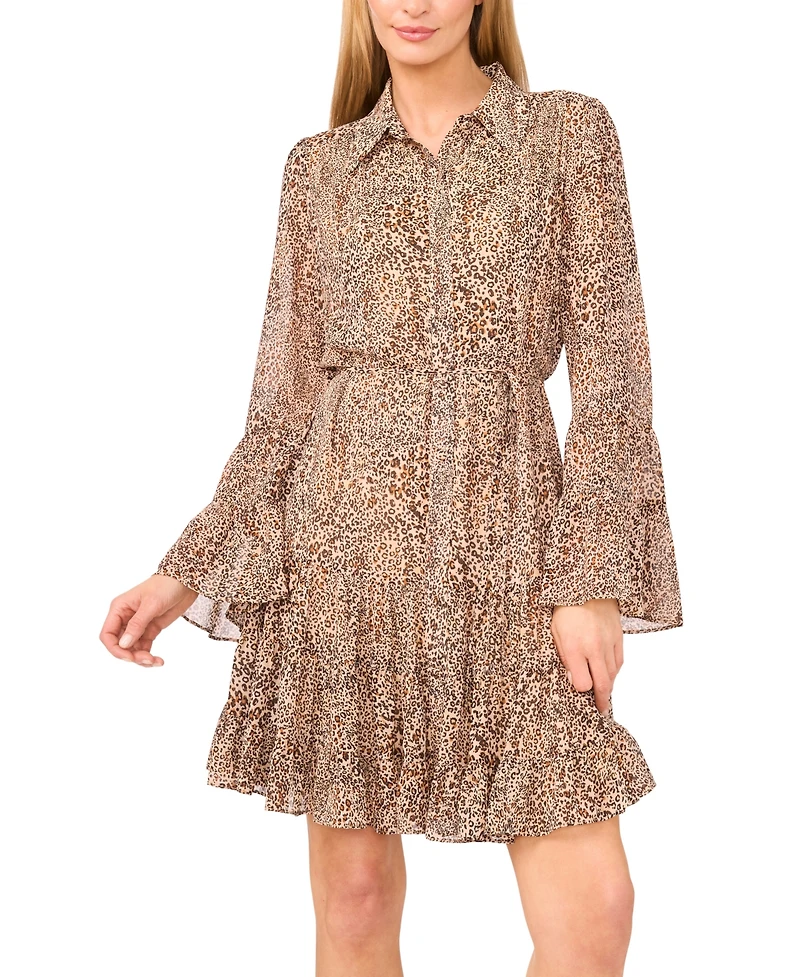 CeCe Women's Tiered Flounce Long Sleeve Shirt Dress