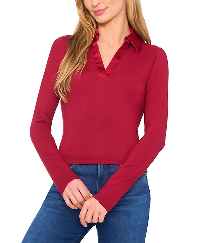 CeCe Women's Woven-Collar Knit Long-Sleeve Top