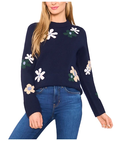 CeCe Women's Crewneck Flower Patterned Knit Long-Sleeve Sweater