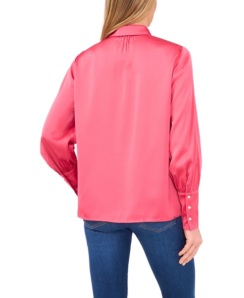 CeCe Women's Luxe Satin Imitation Pearl Button Down Blouse
