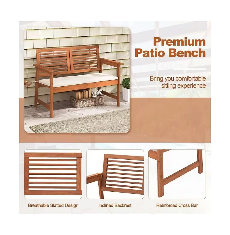 Slickblue Solid Wood Outdoor Patio Garden Bench with Slatted Back, Armrests, and Seat Cushion