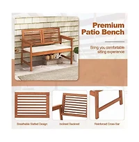 Slickblue Solid Wood Outdoor Patio Garden Bench with Slatted Back, Armrests, and Seat Cushion