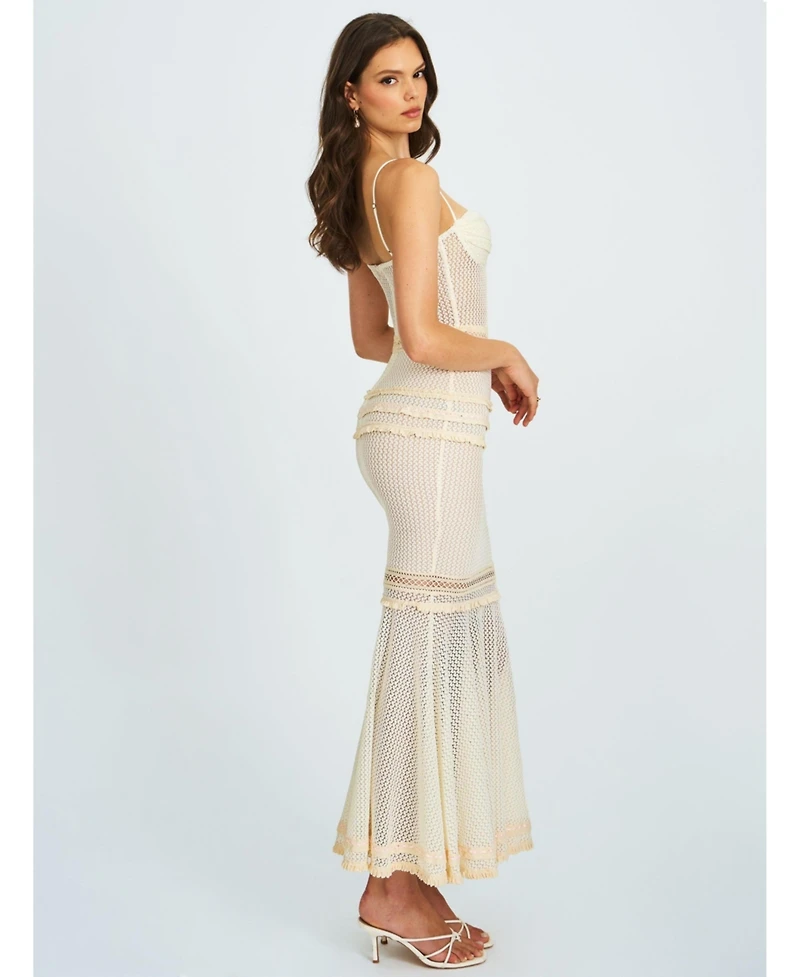 Miss Circle Women's Pallas Beige Lace Trim Crochet Mermaid Maxi Dress
