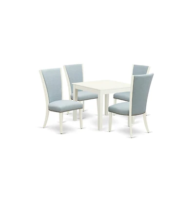 East West Furniture dining table set of 4 fantastic dining room chairs with Linen Fabric Baby Blue color and a lovely Square dining room table with Li