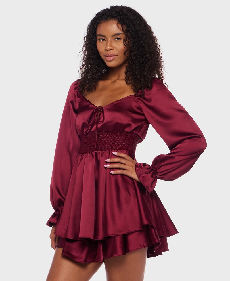 B Darlin Juniors' Satin Tie-Neck Smocked-Waist Dress