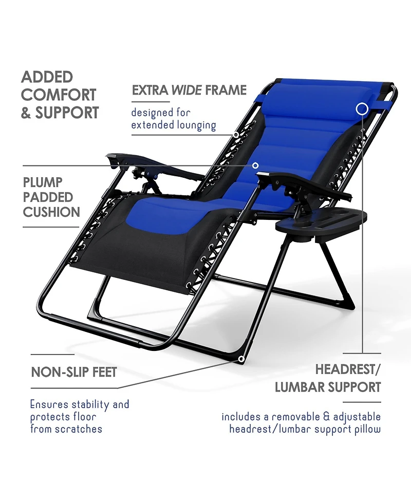 Nestl Padded Zero Gravity Chair - Extra Wide Outdoor Recliners with Adjustable Headrest, Lock-in Position & Cup Holder