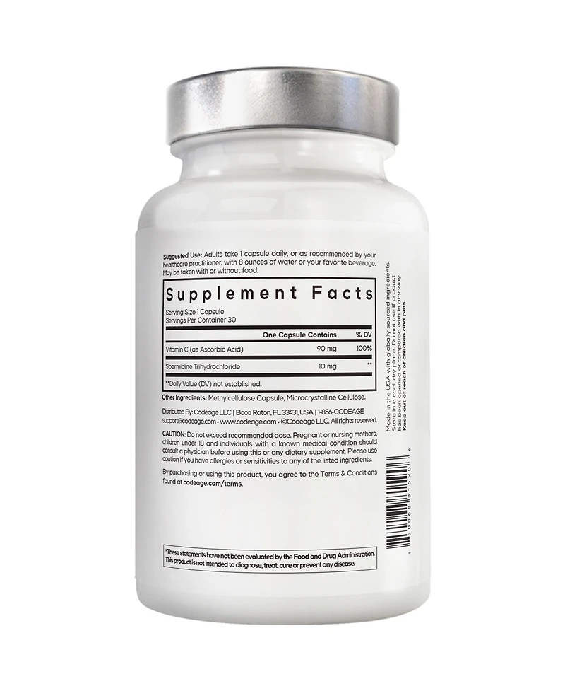 Amen Spermidine Supplement - Vitamin C - Spermidine Pills - Spermidine Trihydrochloride With Vitamin C Ascorbic Acid Gluten-Free