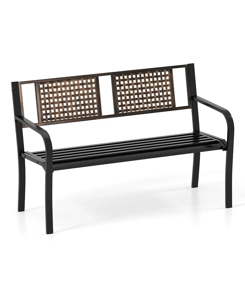 Costway 50" Outdoor Metal Park Bench with Rattan-Like Backrest & Curved Armrests