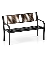 Costway 50" Outdoor Metal Park Bench with Rattan-Like Backrest & Curved Armrests