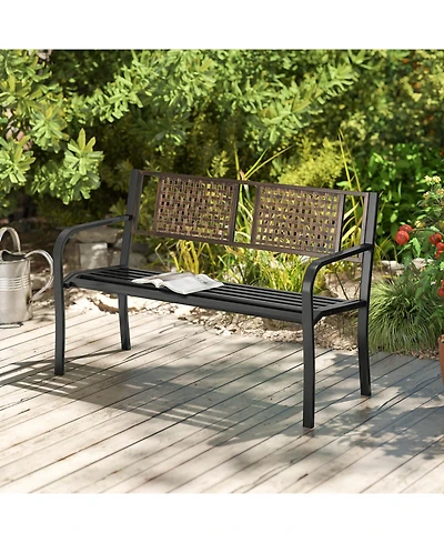 Costway 50" Outdoor Metal Park Bench with Rattan-Like Backrest & Curved Armrests