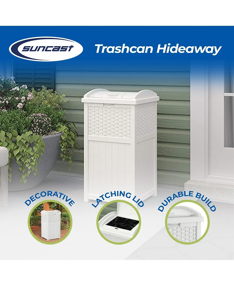 Suncast GHW1732WH Trashcan Hideaway Outdoor 33 Gallon Garbage Waste Bin, White