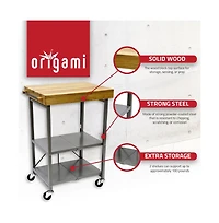Origami Foldable Wheeled Portable Solid Wood Top Kitchen Island Bar Cart, Silver