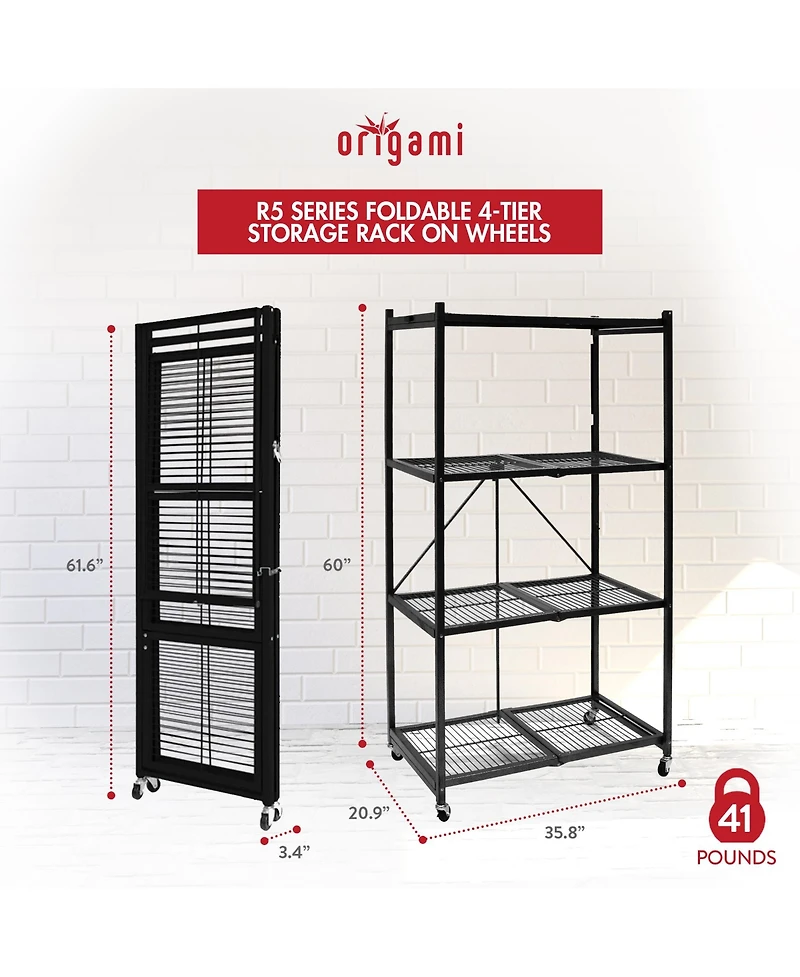Origami R5-06W Black 4-Wheeled and 4-Shelf Folding Steel Wire Shelving Storage