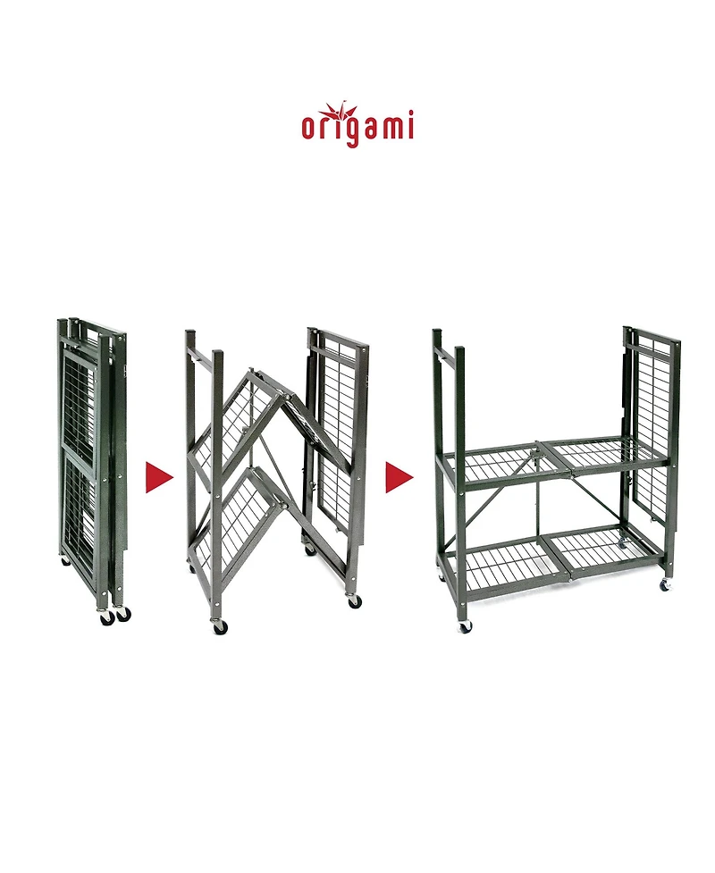 Origami R3 General Purpose Foldable 3-Tiered Shelf Storage Rack & Wheels, Pewter