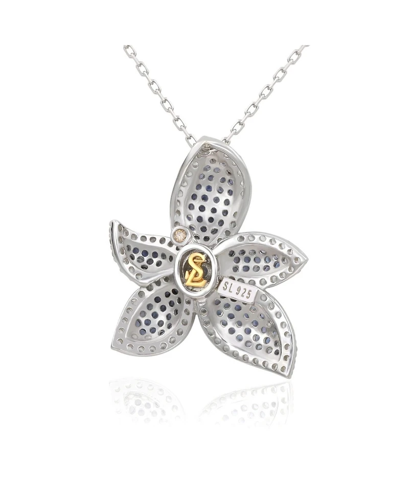 Suzy Levian Sterling Silver Sapphire & Created White Flower Pendant