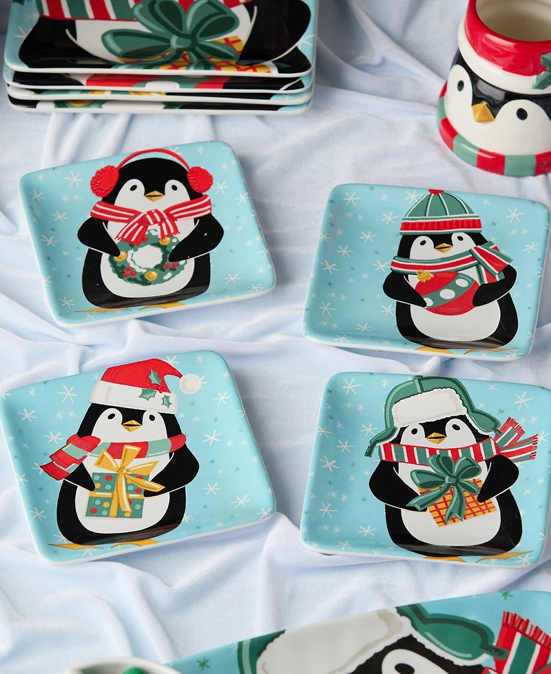 Certified International Christmas Whimsy Penguin Canape Plates, Set of 4