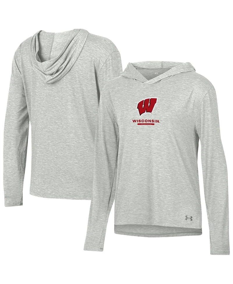 Under Armour Women's Heather Gray Wisconsin Badgers Tri-Blend Breezy Long Sleeve Hoodie T-Shirt