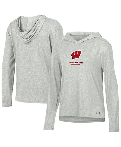 Under Armour Women's Heather Gray Wisconsin Badgers Tri-Blend Breezy Long Sleeve Hoodie T-Shirt
