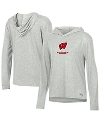 Under Armour Women's Heather Gray Wisconsin Badgers Tri-Blend Breezy Long Sleeve Hoodie T-Shirt