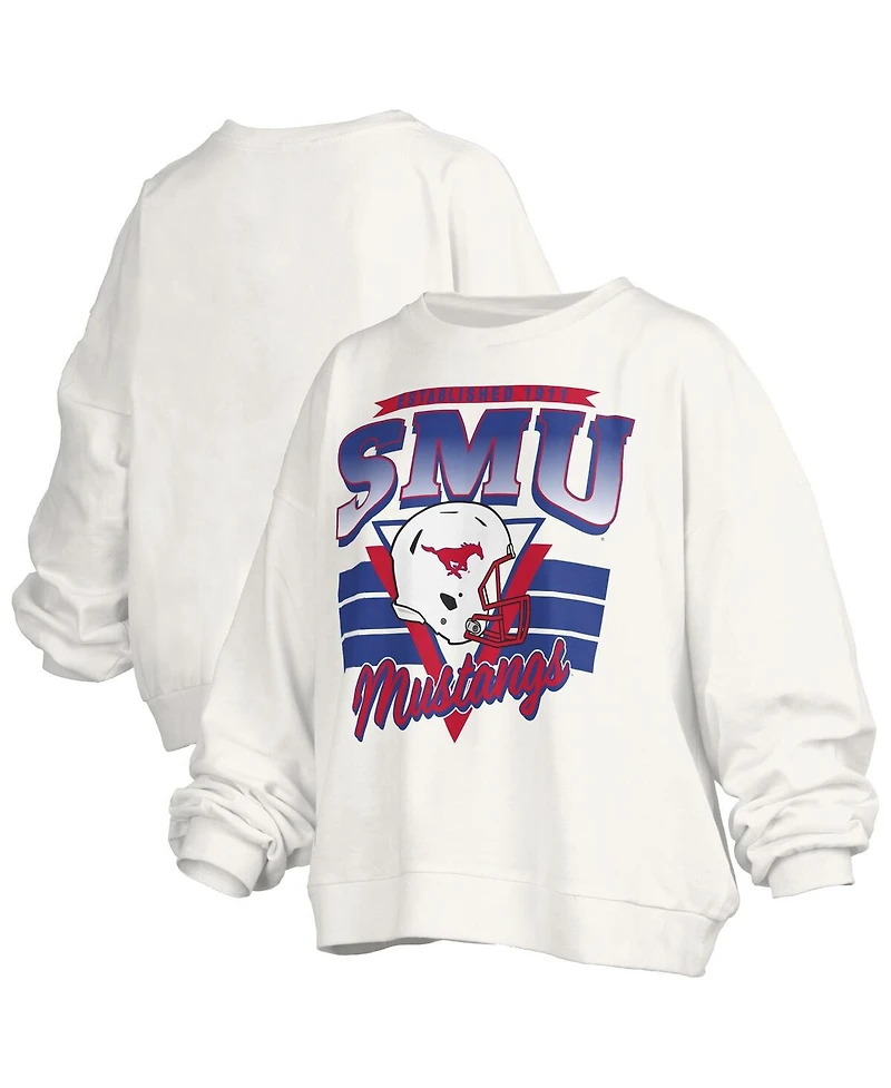 Pressbox Women's White Smu Mustangs Oversized Janice Retro Waist-Length Pullover Sweatshirt