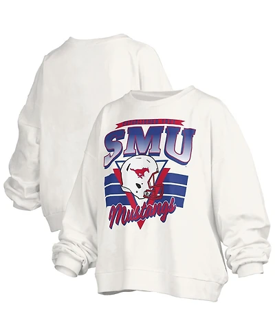 Pressbox Women's White Smu Mustangs Oversized Janice Retro Waist-Length Pullover Sweatshirt