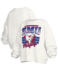 Pressbox Women's White Smu Mustangs Oversized Janice Retro Waist-Length Pullover Sweatshirt