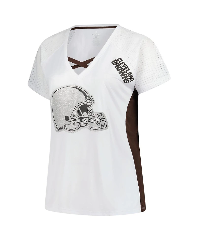 Fanatics Women's White Cleveland Browns Plus Glitter Lace-Up V-Neck T-Shirt